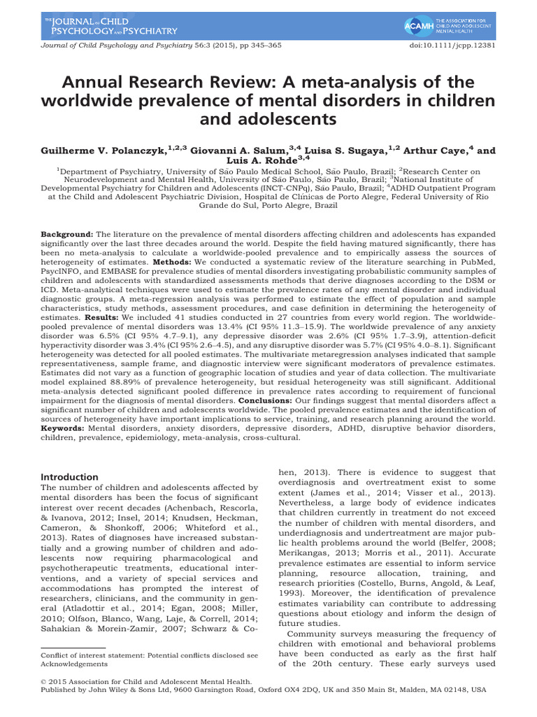 Global Prevalence of Child Mental Disorders | PDF | Diagnostic And ...
