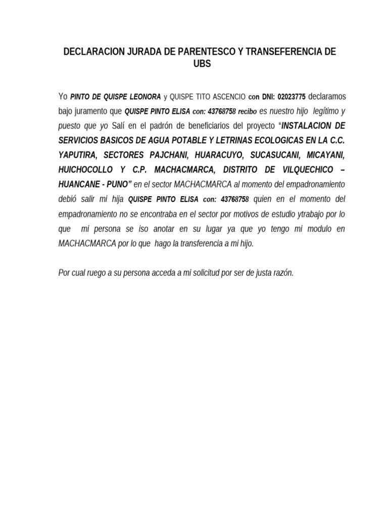 Declaración Jurada de Parentesco | PDF