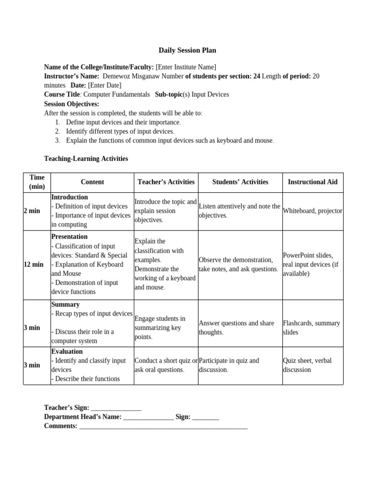 Daily Session Plan | PDF | Computing | Learning