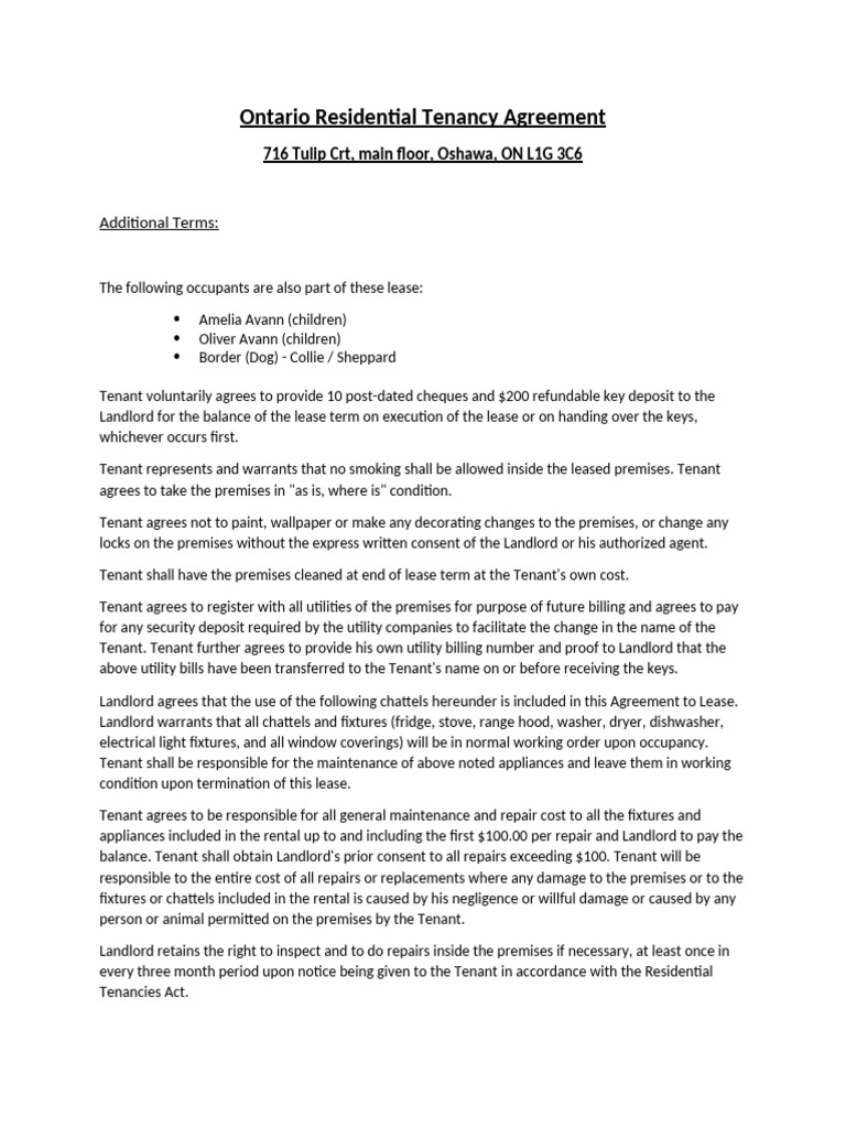 Ontario Residential Lease Agreement Details | PDF | Leasehold Estate ...