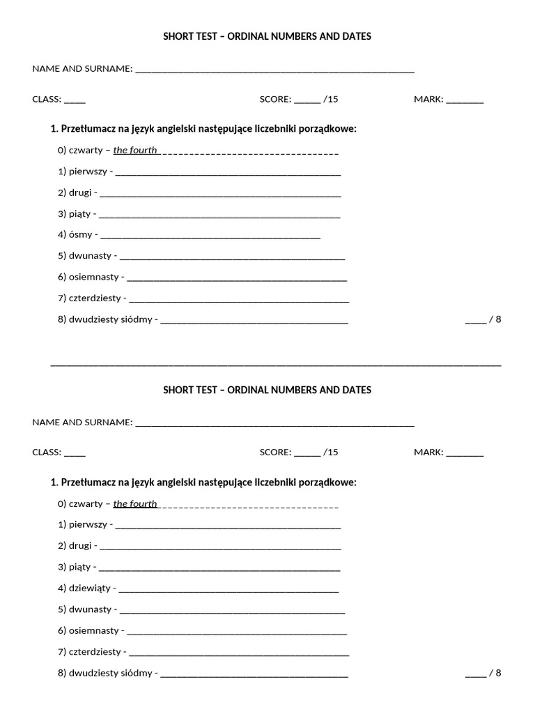 SHORT TEST - Ordinal Numbers | PDF