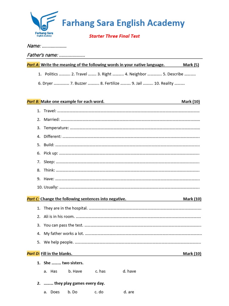 English Academy Starter Test Guide | PDF