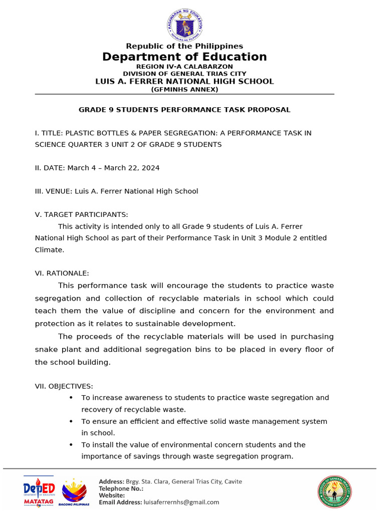 G9 Performance Task Proposal | PDF | Waste | Recycling