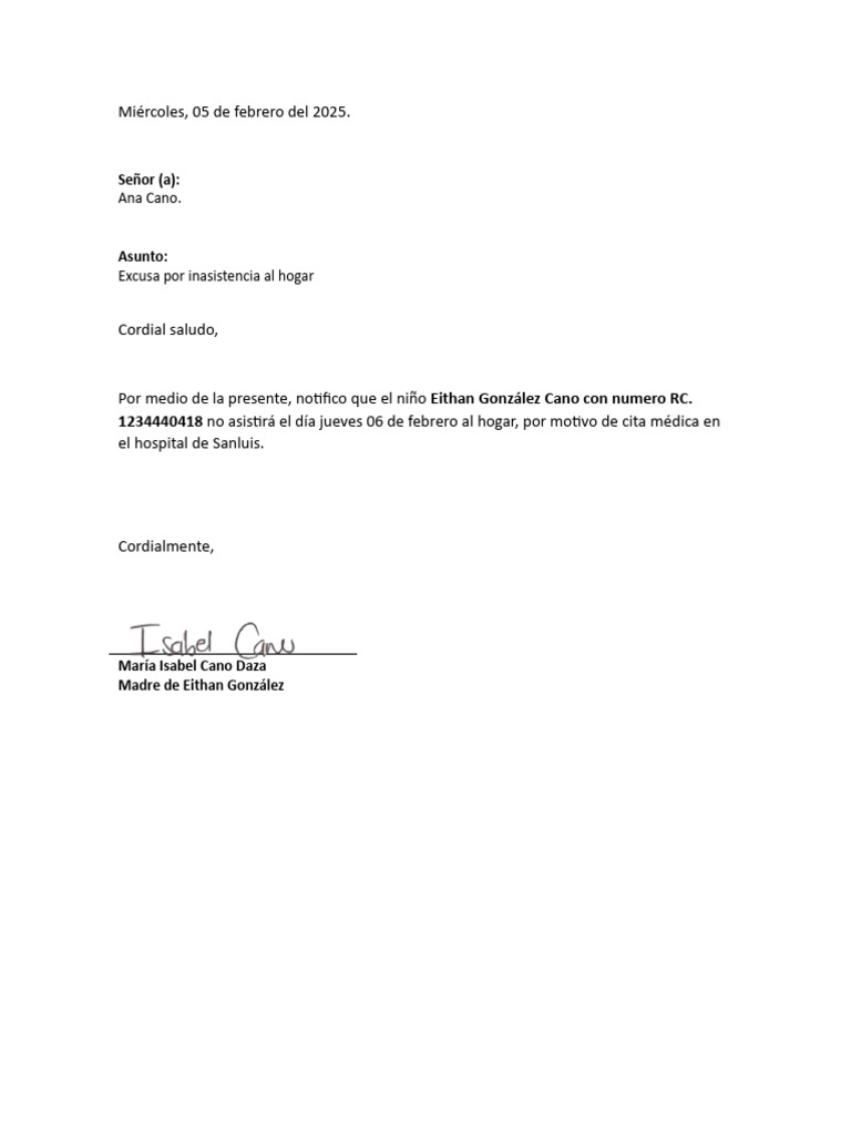 Excusa de inasistencia escolar | PDF
