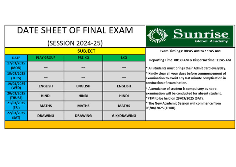 Final Exam Date Sheet (2024-25) PG To LKG | PDF