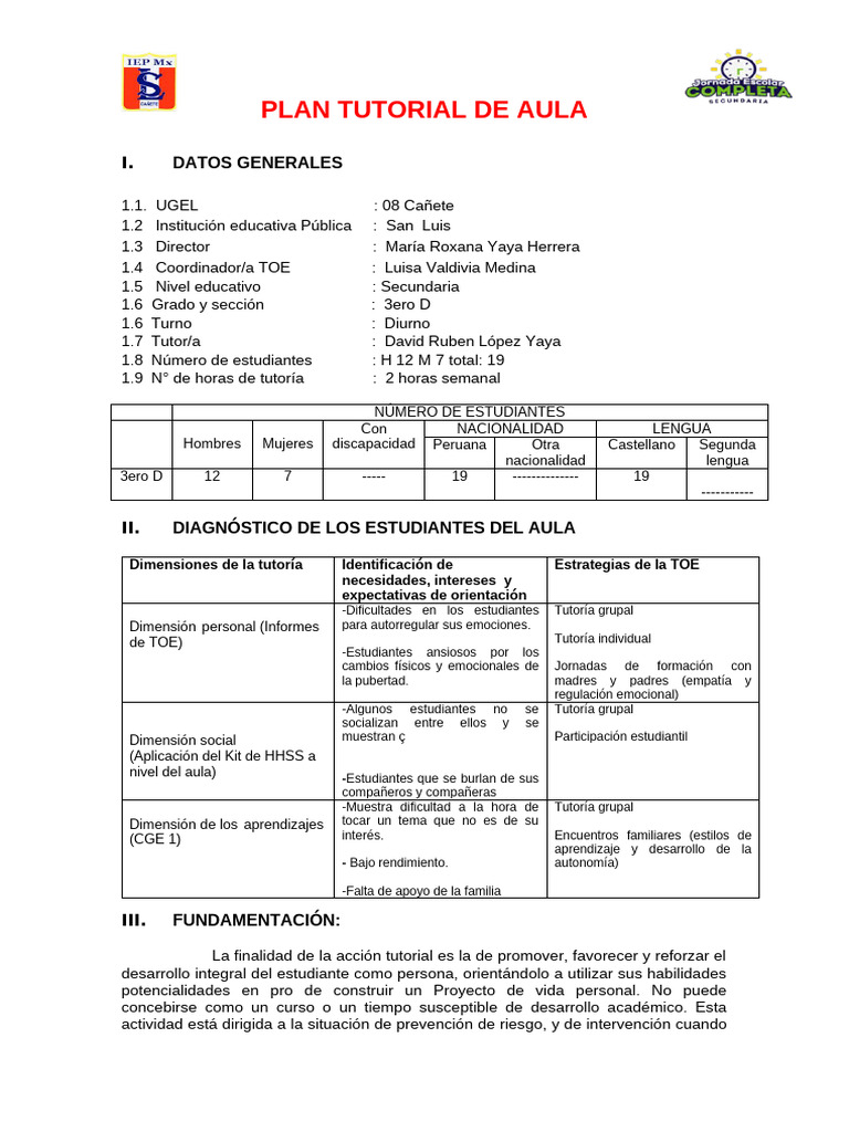 Plan Tutorial de Aula para Secundaria | PDF | Aprendizaje | Evaluación