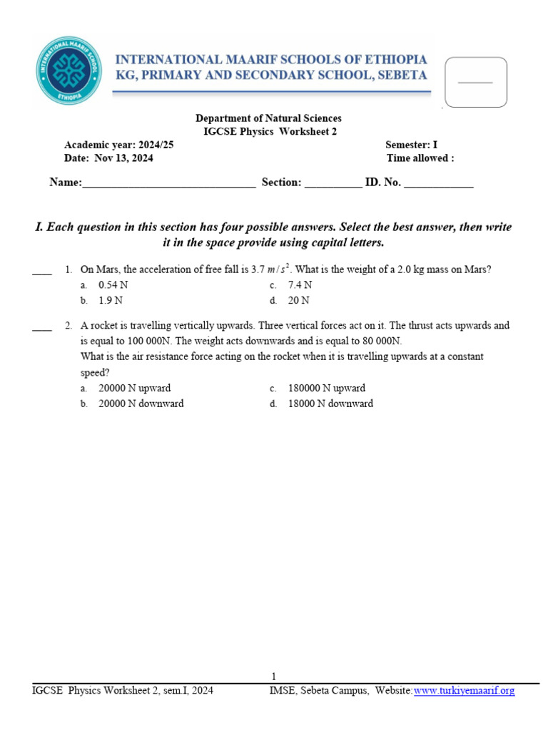 Grade9 2nd Worksheetn | PDF | Weight | Mass