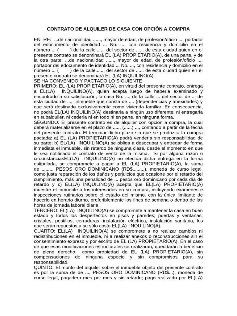 Contrato de Alquiler de Casa Con Opción A Compra | PDF