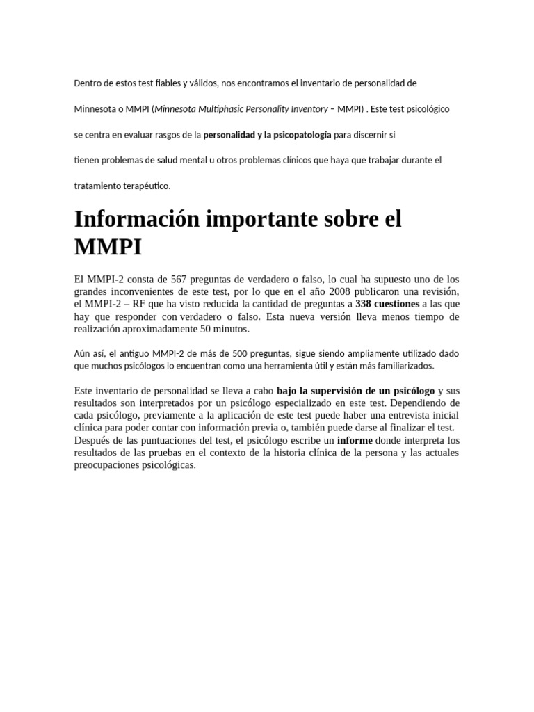 Información sobre el test MMPI-2 | PDF | Salud mental | Psicología anormal
