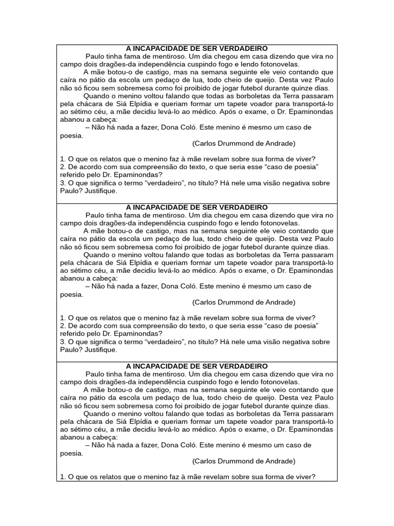 A INCAPACIDADE DE SER VERDADEIRO - Carlos Drummond de Andrade | PDF