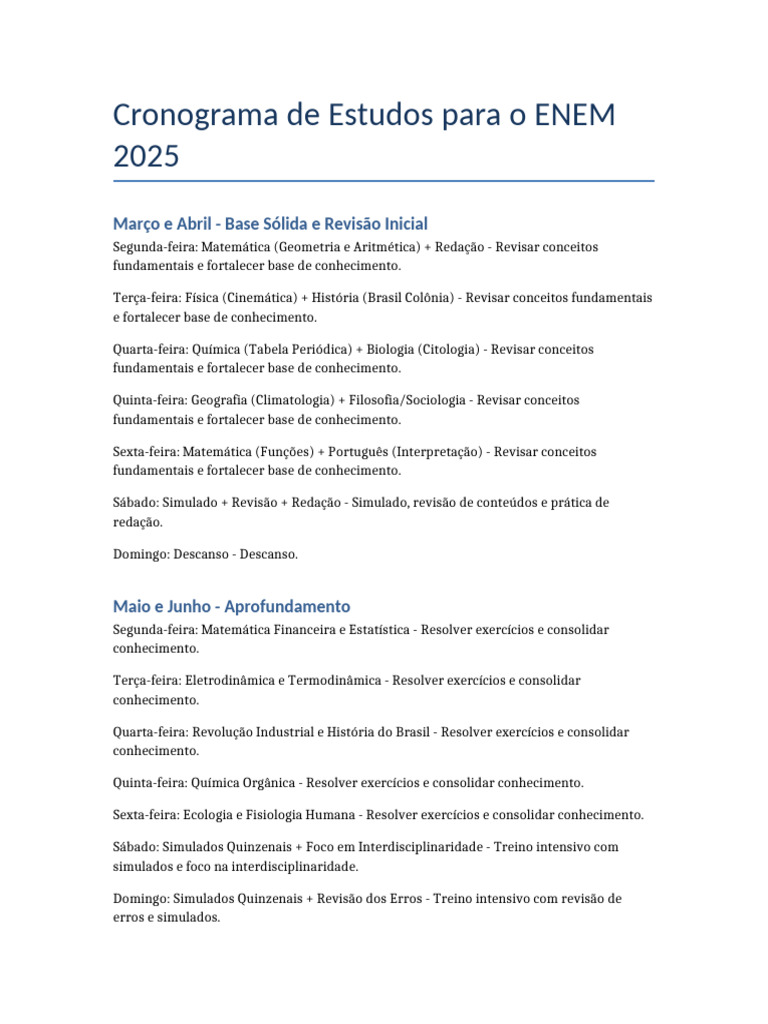 Cronograma de Estudos ENEM 2025 | PDF | Matemática | Science