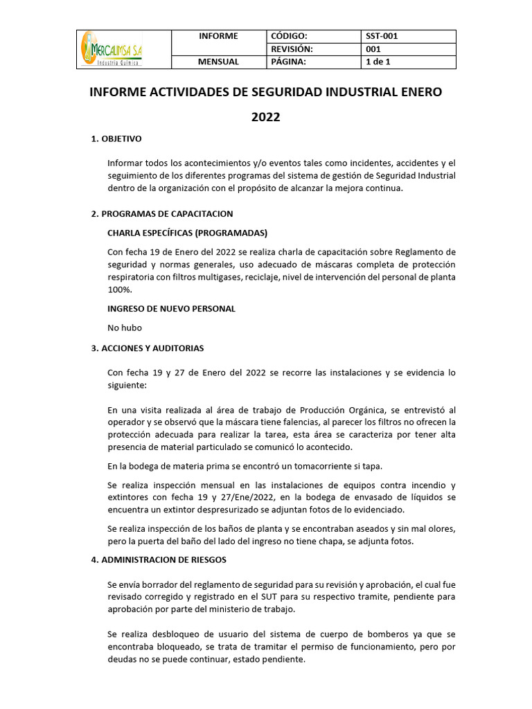 Informe Mensual de Seguridad Industrial Enero 2022 | PDF