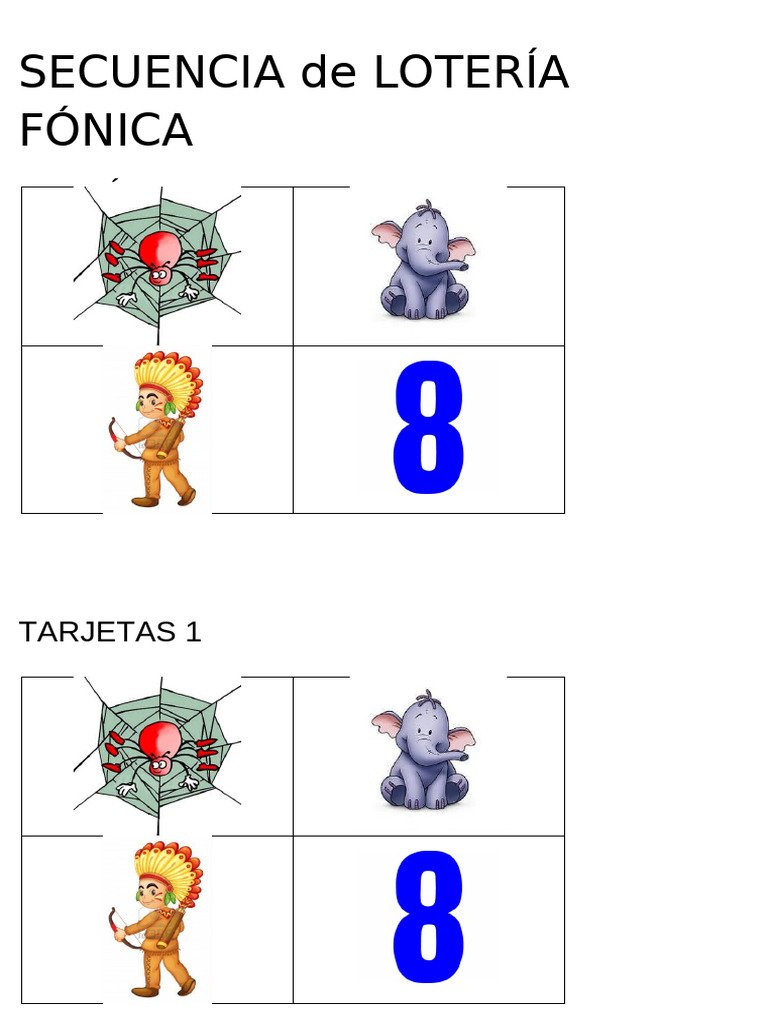 Secuencia de Lotería Fónica: Cartones y Tarjetas | PDF