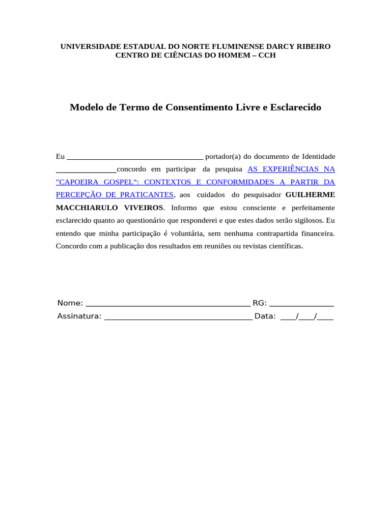 Termo de Consentimento para Pesquisa Capoeira | PDF