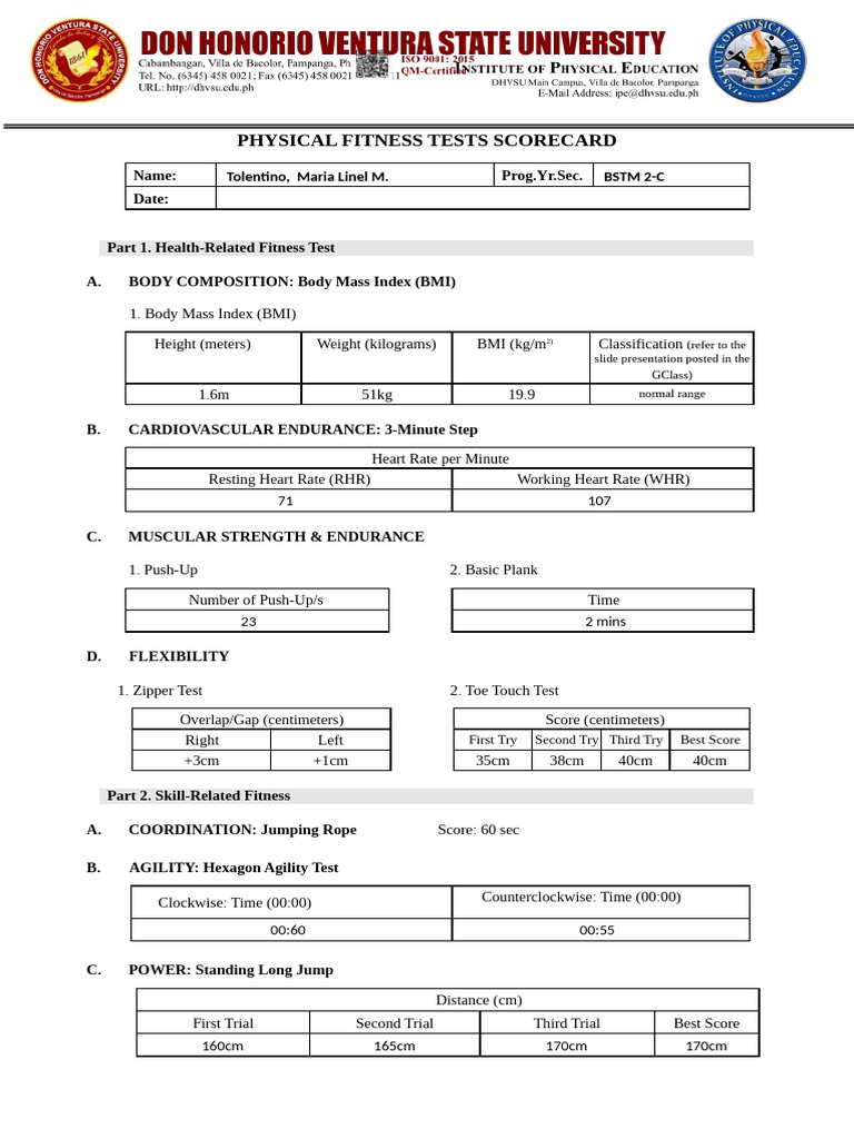 Fitness-Test-Score-Card (Linel) | PDF | Physical Exercise