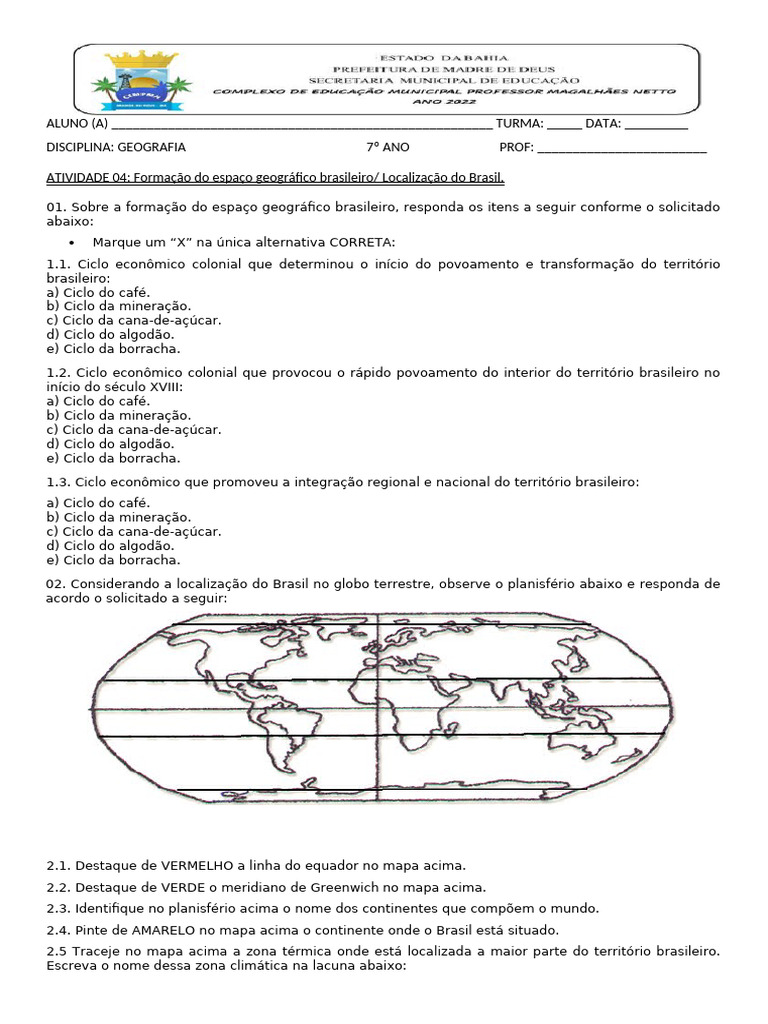 Atividade 04 Localização Do Brasil 7 Ano | PDF | Brasil | Geografia