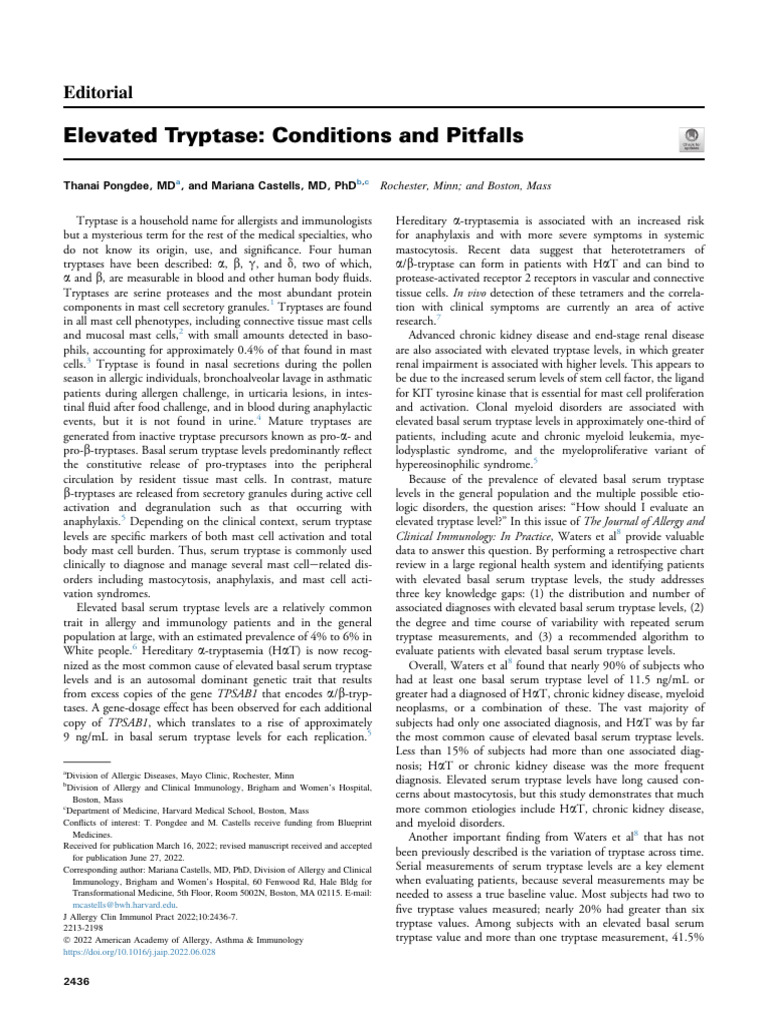 MCAS Elevated Tryptase 2022 | PDF | Allergy | Clinical Medicine