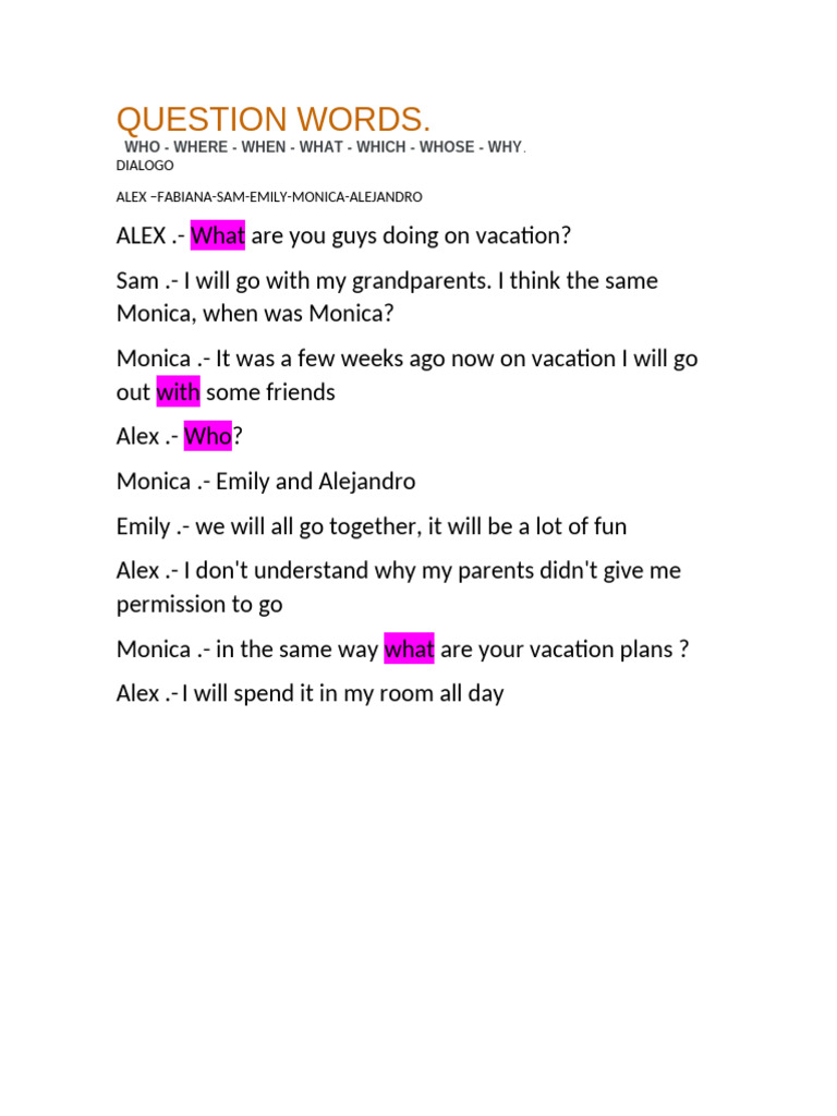 Vacation Dialogue Using Question Words | PDF