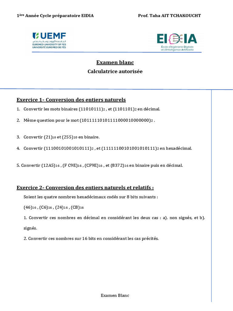 Examen Blanc de Conversion Numérique EIDIA | PDF