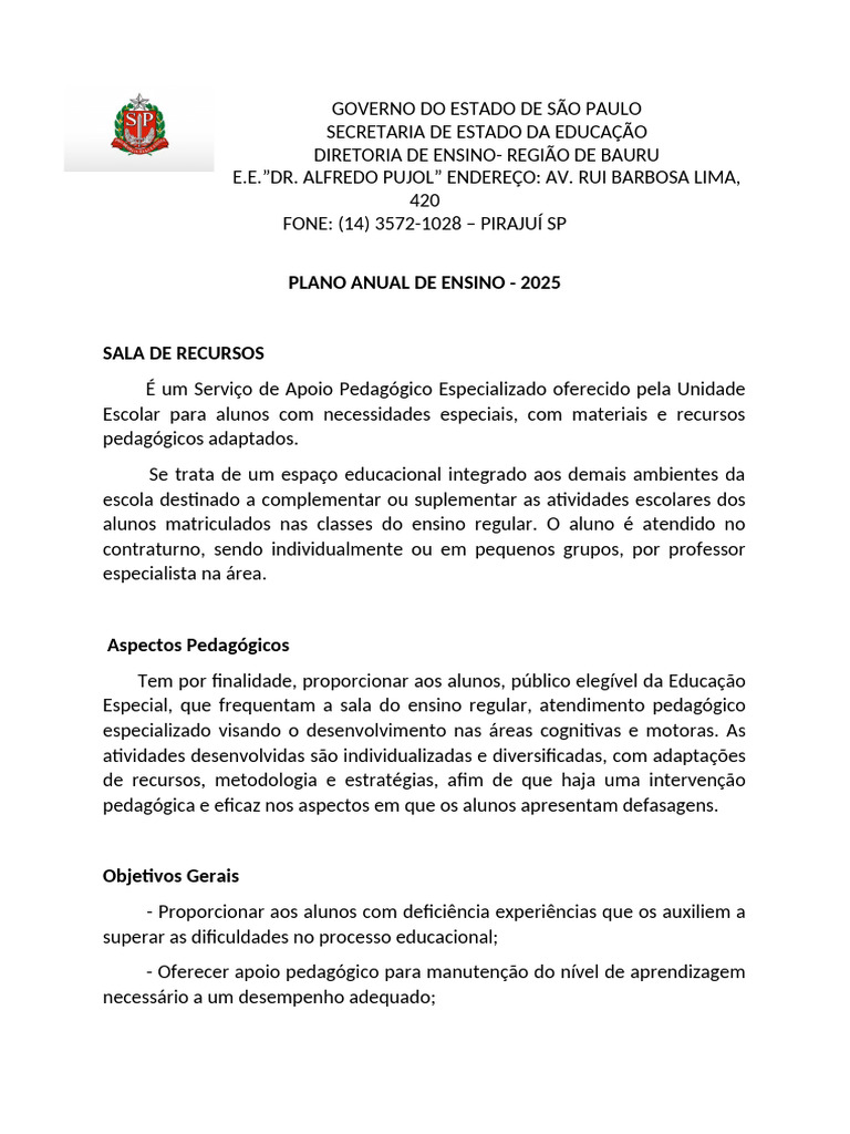 Plano Anual de Ensino 2025 - Sala de Recursos | PDF | Pedagogia | Cognição