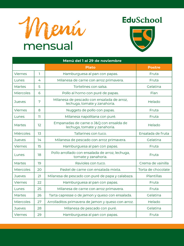 Menú escolar noviembre 2023 | PDF