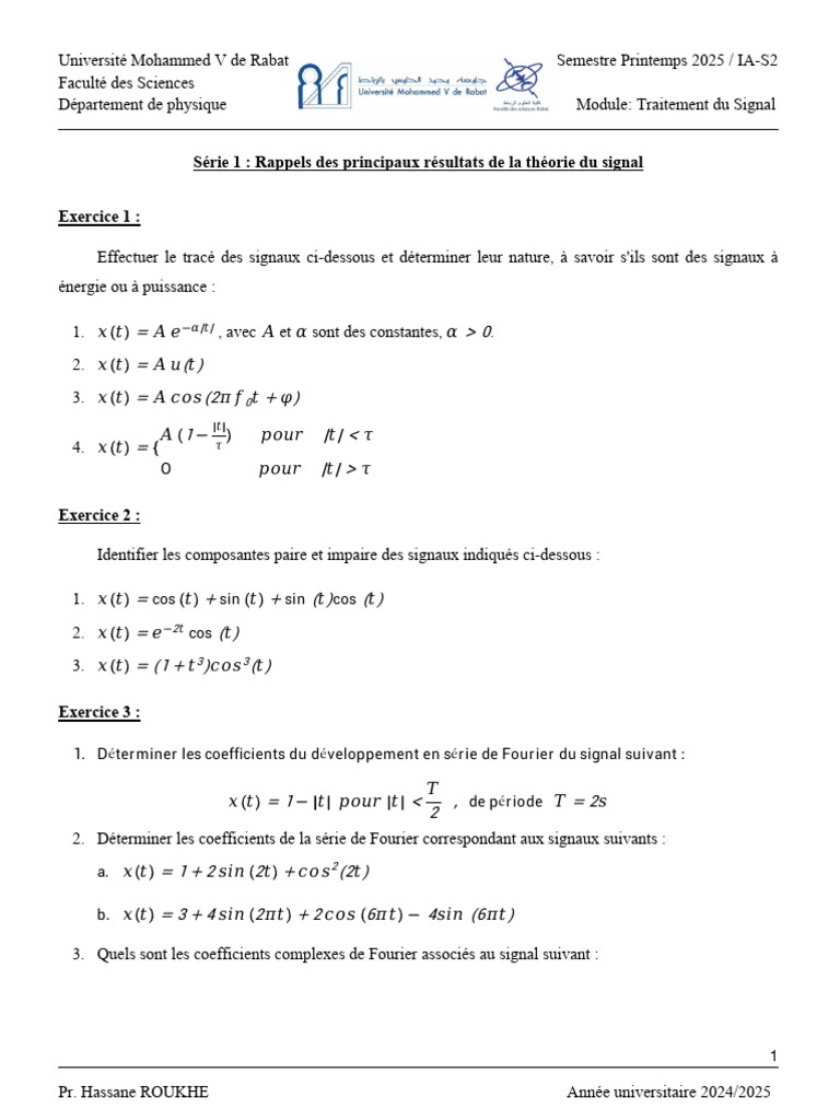 Traitement du Signal : Exercices et Théorie | PDF