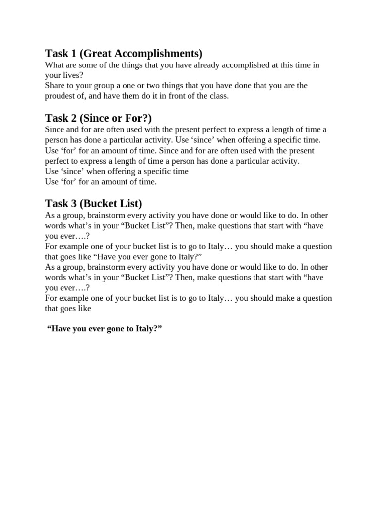 Accomplishments and Bucket List Activities | PDF