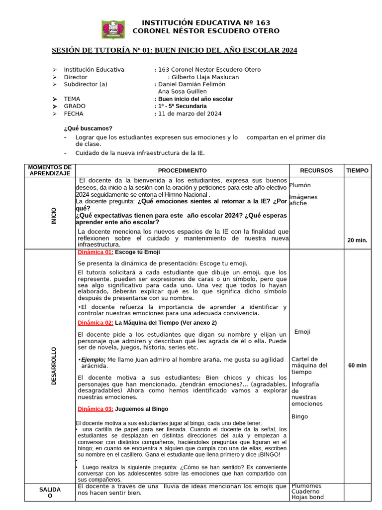 SESION 01 - BUEN INICIO ESCOLAR 2024 (1) | PDF