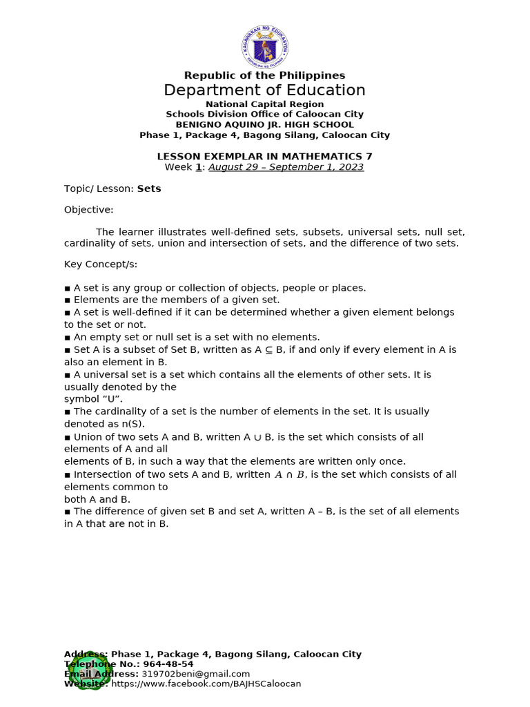 1grade 7 Week 1 Lesson Exemplar | PDF | Mathematical Concepts ...