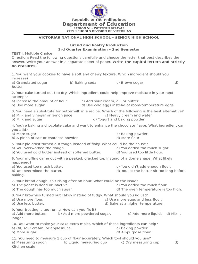 Senior High School Baking Exam Guide | PDF | Breads | Cakes