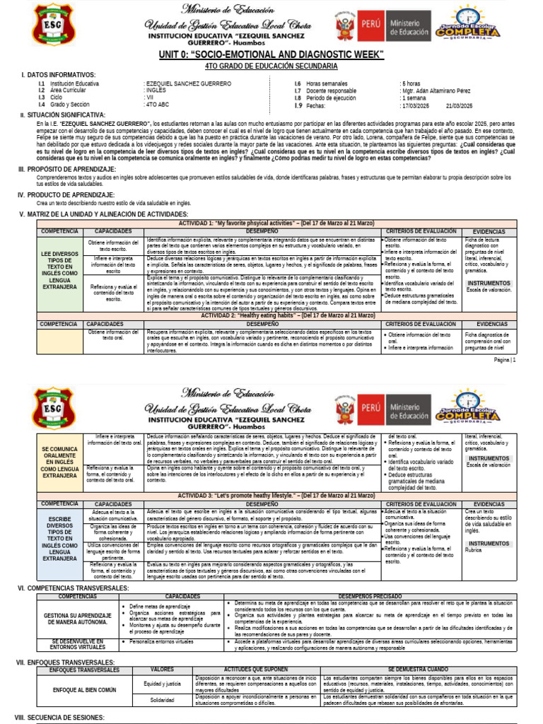 Evaluación de Competencias en Inglés 4to Grado | PDF | Evaluación ...
