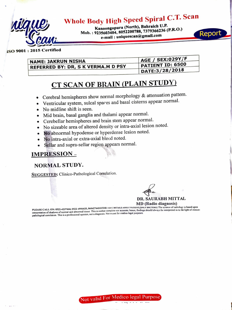 Normal Brain CT Scan Report Summary | PDF | Nervous System | Diseases ...
