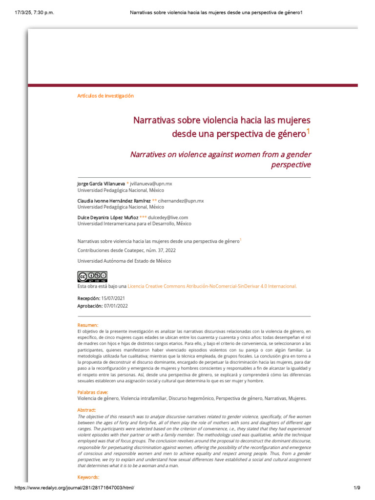 Narrativas Sobre Violencia Hacia Las Mujeres Desde Una Perspectiva de ...