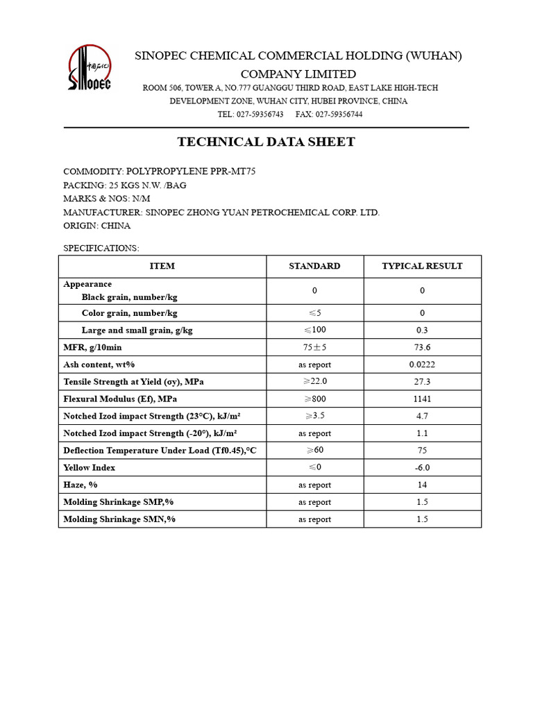 SINOPEC Polypropylene PPR-MT75 Data Sheet | PDF