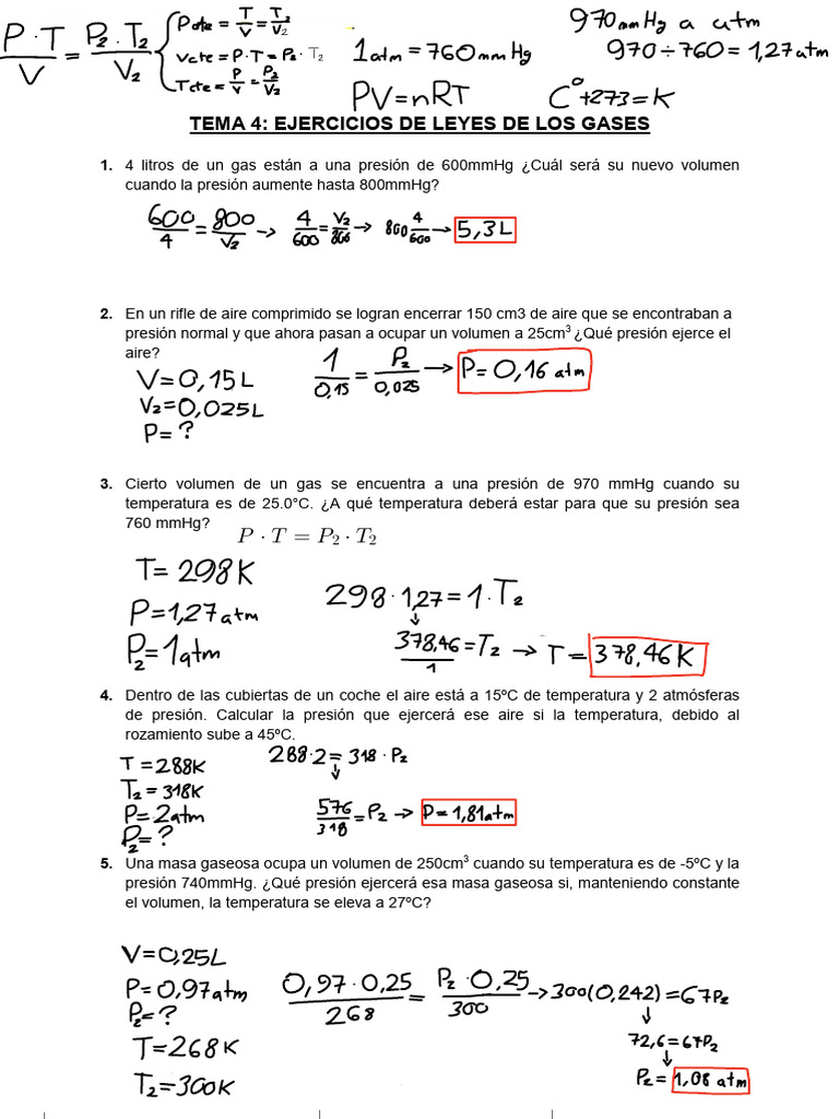 Ejercicios Resueltos Leyes de Gases | PDF | Gases | Presión