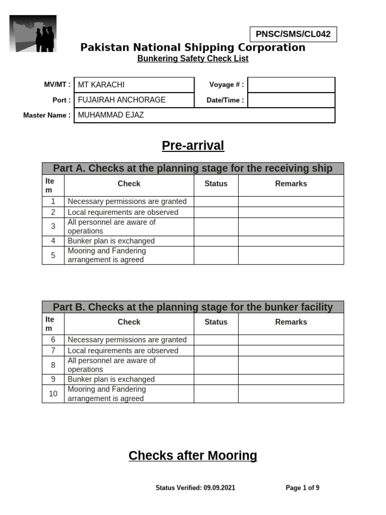Bunkering Safety Checklist PNSC | PDF