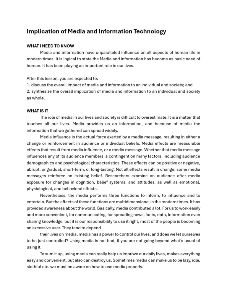 Impact of Media on Society and Individuals | PDF