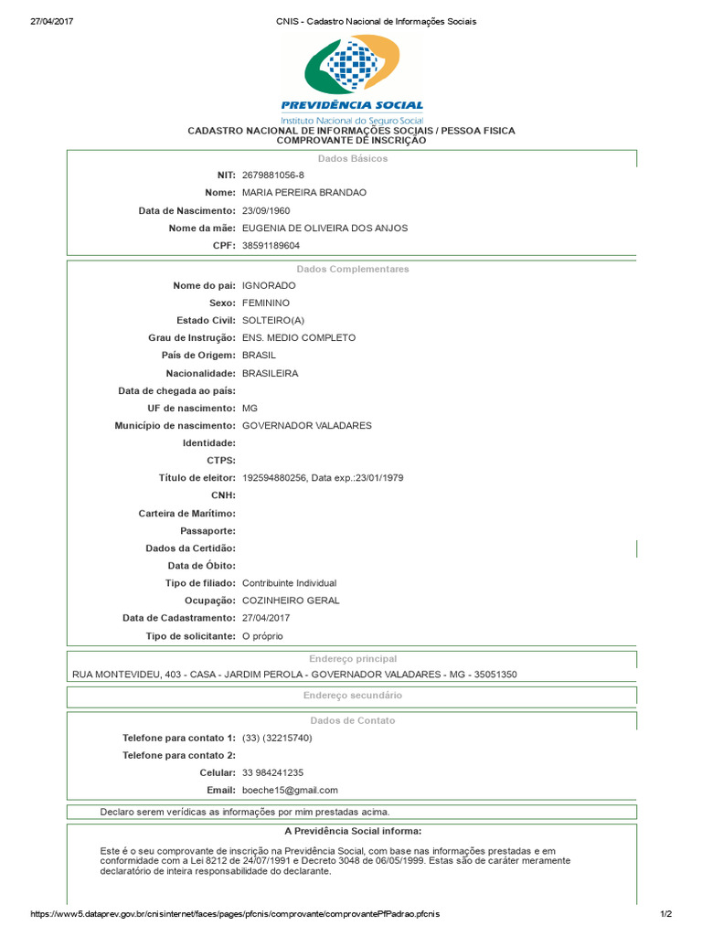 Comprovante de Inscrição no CNIS | PDF
