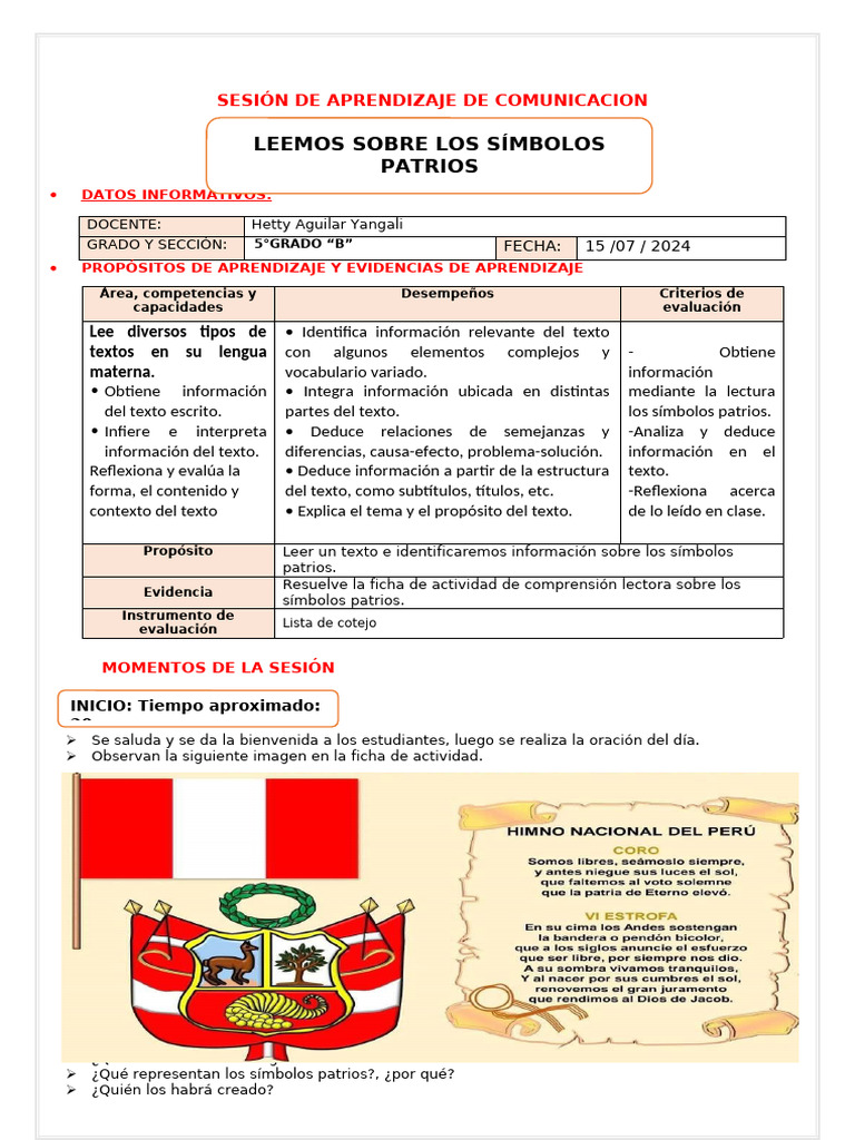 Ses-Juev-Pl-Leemos Sobre Los Símbolos Patrios | PDF | Comprensión ...