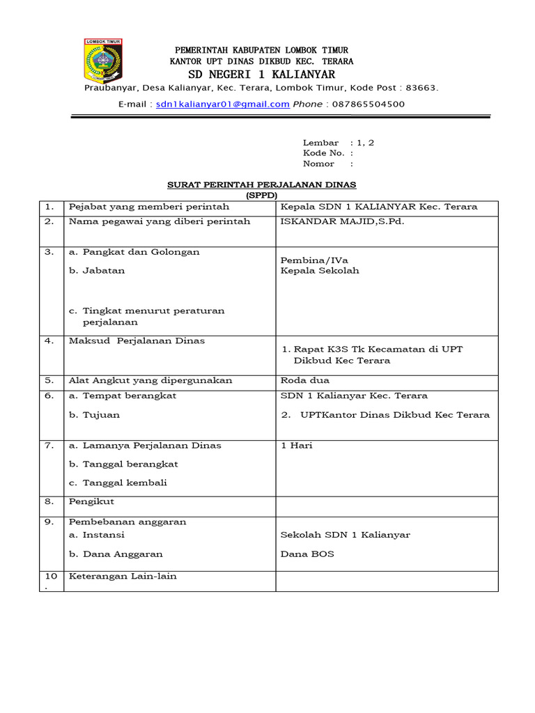 Contoh SPPD untuk Kepala Sekolah | PDF