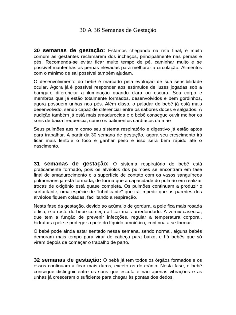 Desenvolvimento Fetal: 30 a 36 Semanas | PDF | Gravidez | Parto