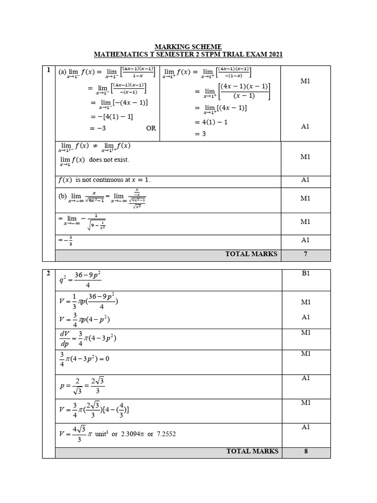 STPM 2021 Mathematics Trial Exam Marking Scheme | PDF | Differential ...