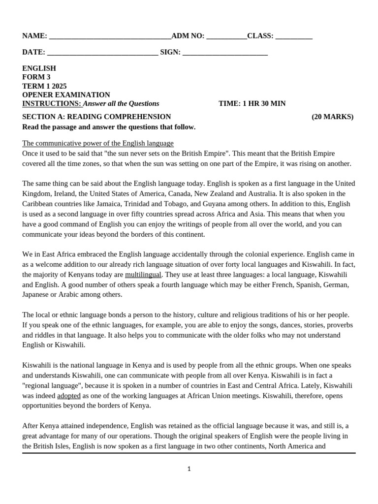 Form 3 English Exam Paper 2025 | PDF | Swahili Language | English Language