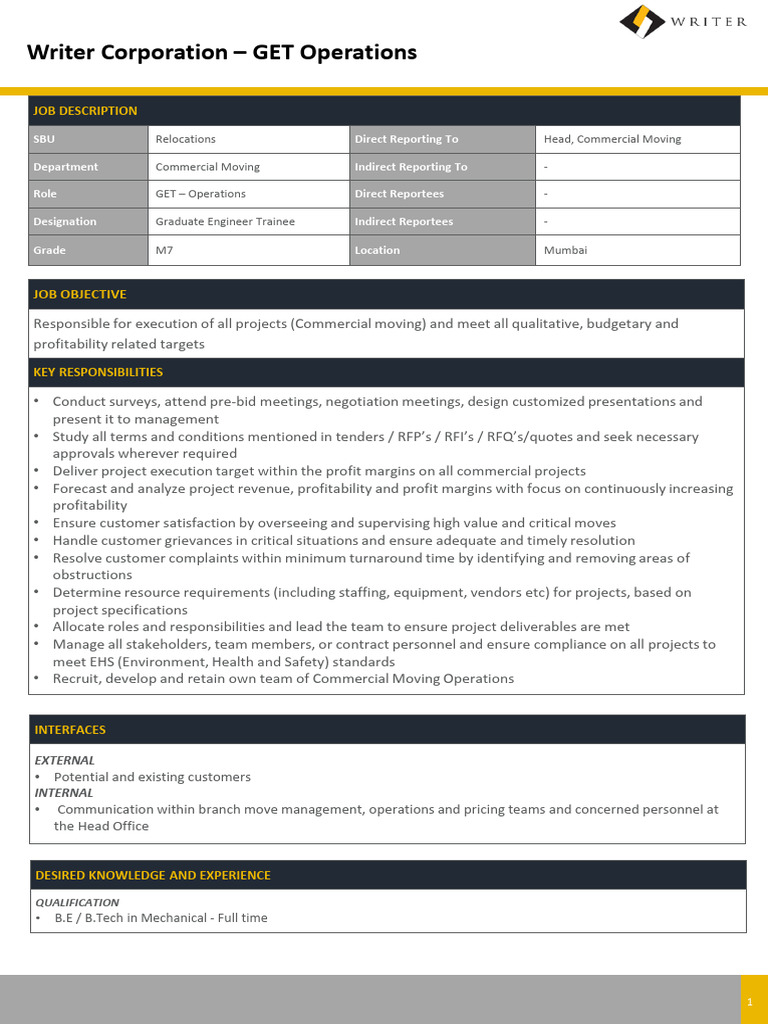 JD - Graduate Engineer Trainee - Operations (Commercial Moving) | PDF ...