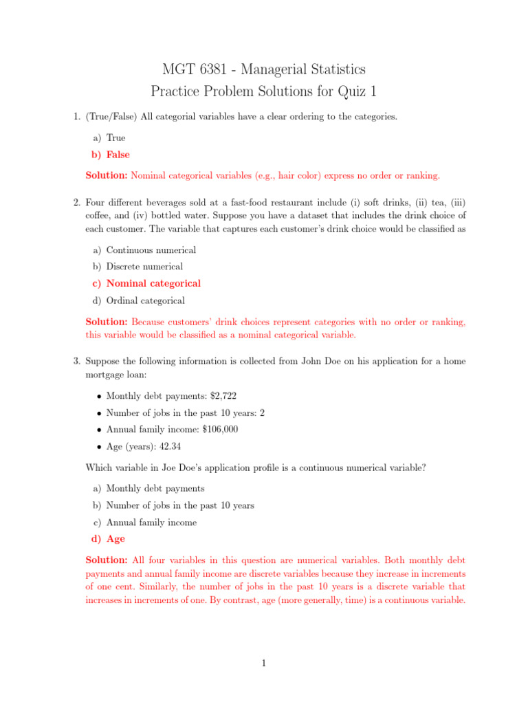 Managerial Statistics Quiz 1 Solutions | PDF | Categorical Variable