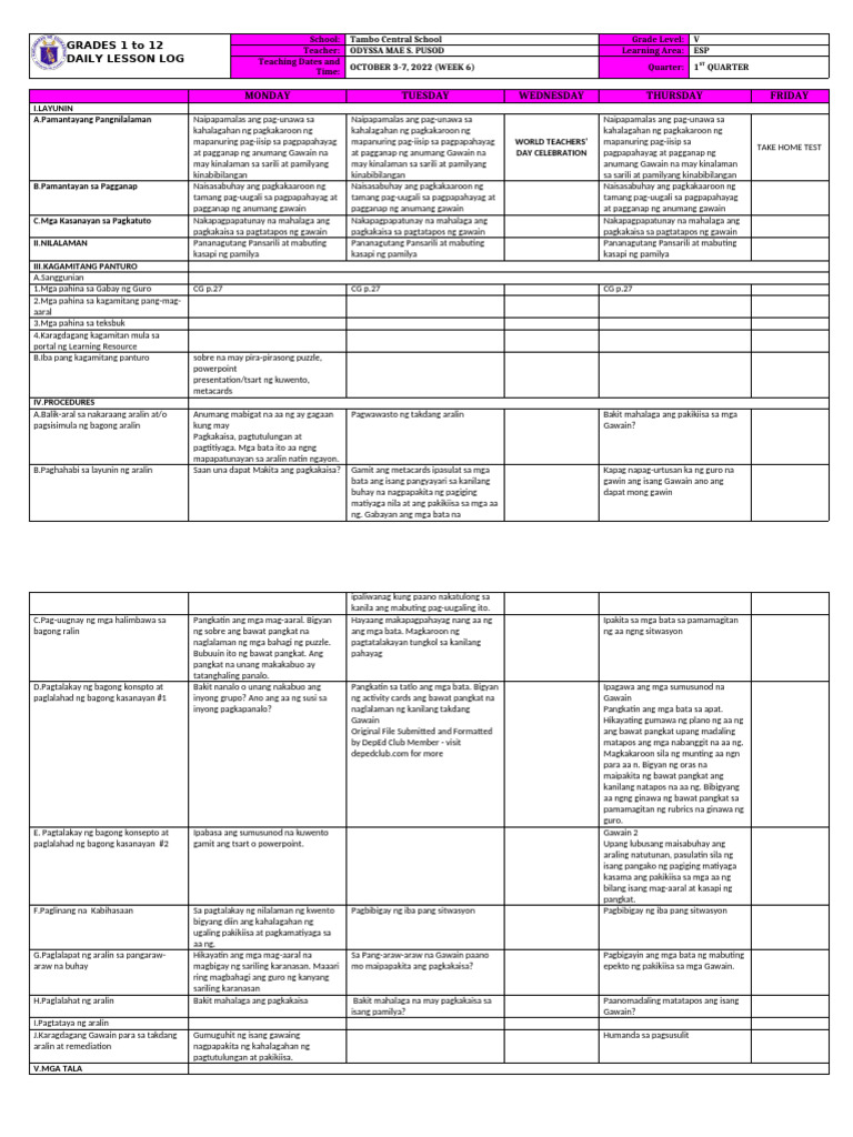 DLL - Esp 5 - Q1 - W6 | PDF