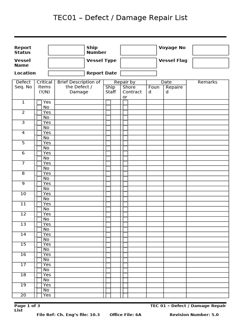 Tec 01 - Defect Damage Repair List | PDF | Water Transport | Ships