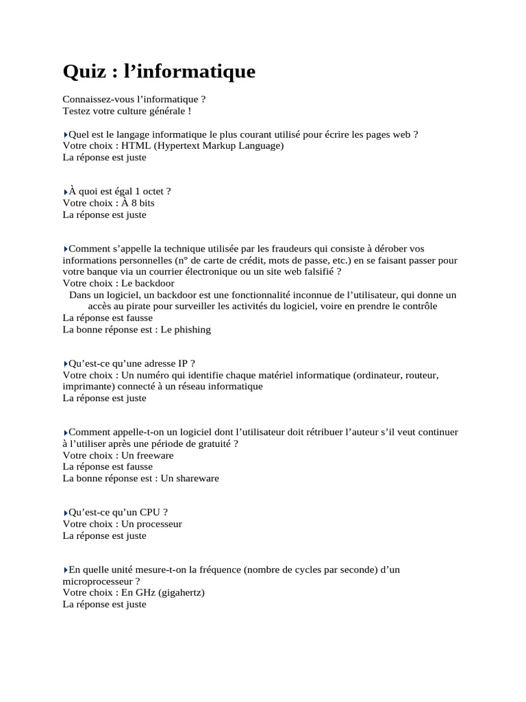 Quiz sur l'informatique générale | PDF | Informatique | Internet