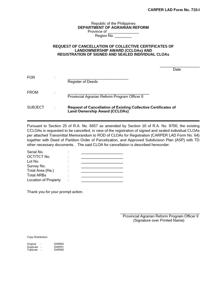 Cancellation Request for CCLOAs | PDF | Property Law | Land Law