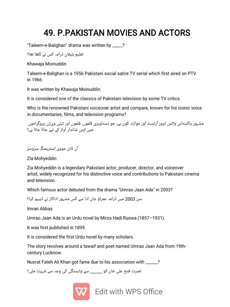 Notable Pakistani Actors and Films | PDF